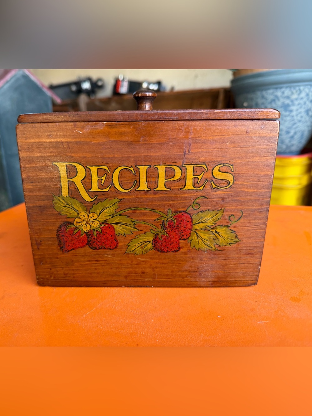 Wooden Recipe Box with Strawberry Artwork - Brown/Red